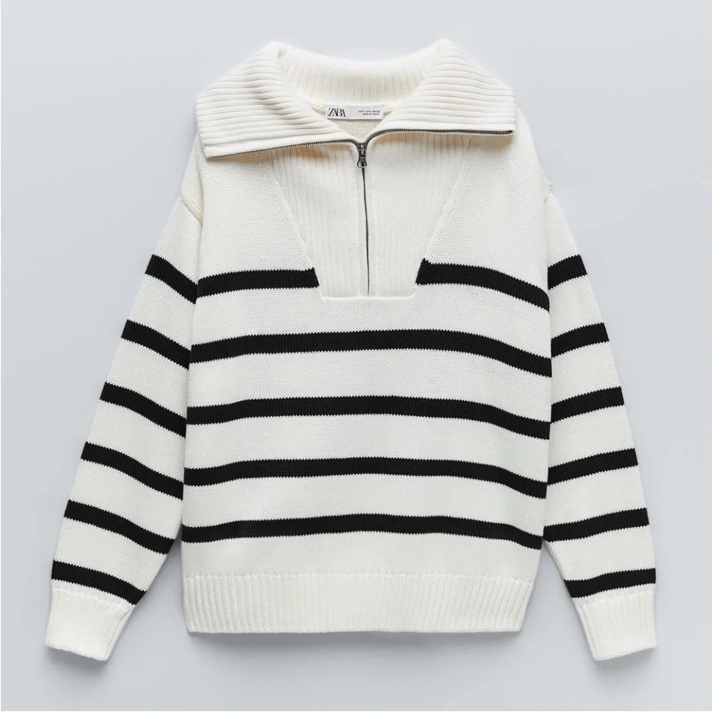 Zara Quarter Zip Striped oversize  Sweater Black and Whitish Taupe Size Medium - Picture 6 of 14